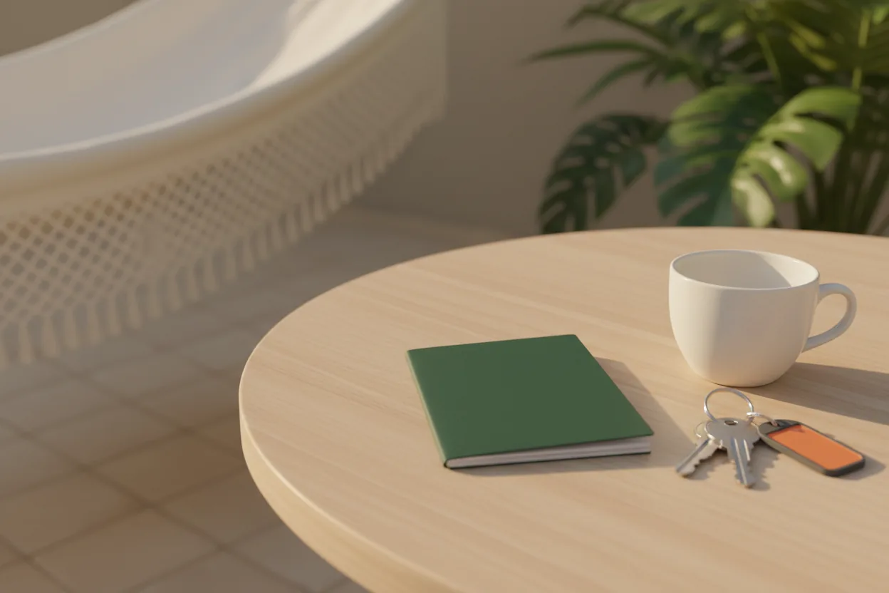 A green passport, house keys and a cup on a terrace table next to a hammock